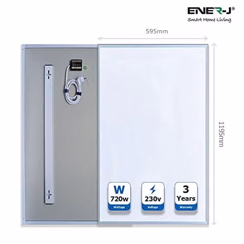 ENER-J 720W Carbon Crystal Infrared Heating Panel, White, W/H/D: 119.5 x 59.5 x 2.2 cm