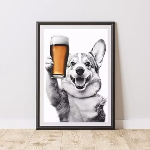 60 Second Makeover Funny Corgi Drinking Beer Illustration Paper Poster, A3, Multicolour