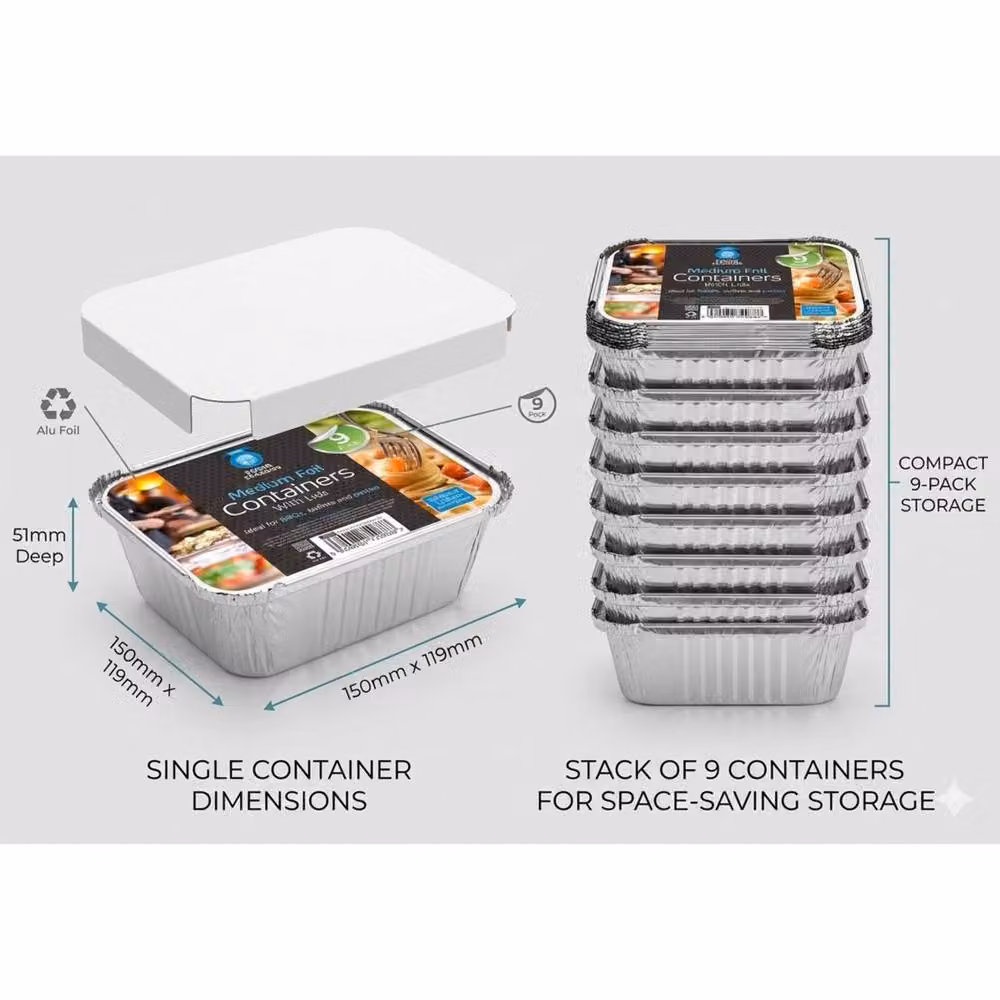 Bedsland 3 Pack 9 Inch Square Aluminium Foil Containers with Lids, Silver – 3