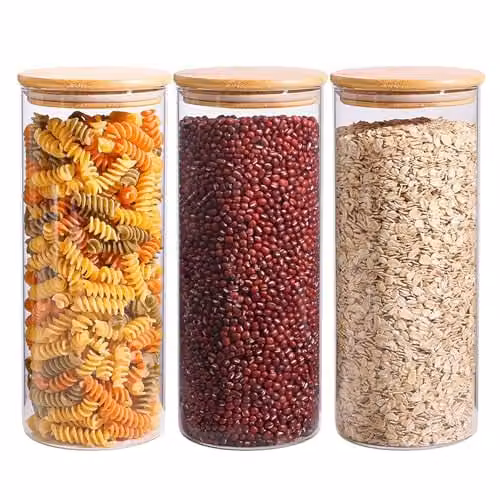 Simpa Set of 3 Round Glass Storage Jars with Airtight Bamboo Lids, 2200ml, Transparent – 1