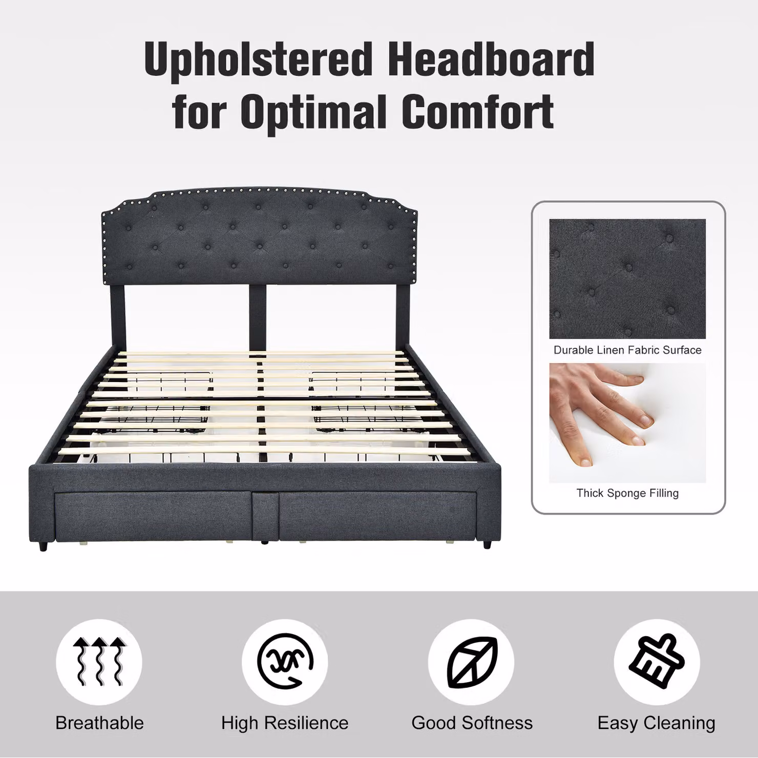 Costway Modern Upholstered Bed Frame with Drawers in Grey – 2