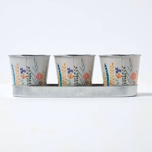 Homescapes Set of 3 Steel Herb Planter Pots with Tray in Multi-Colour Floral Design