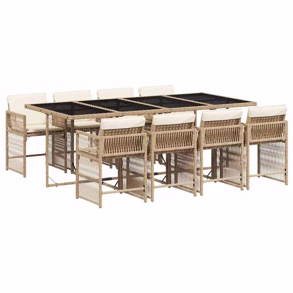 Berkfield Home 9 Piece Beige Poly Rattan Garden Dining Set with Cushions and Glass Tabletop – 2