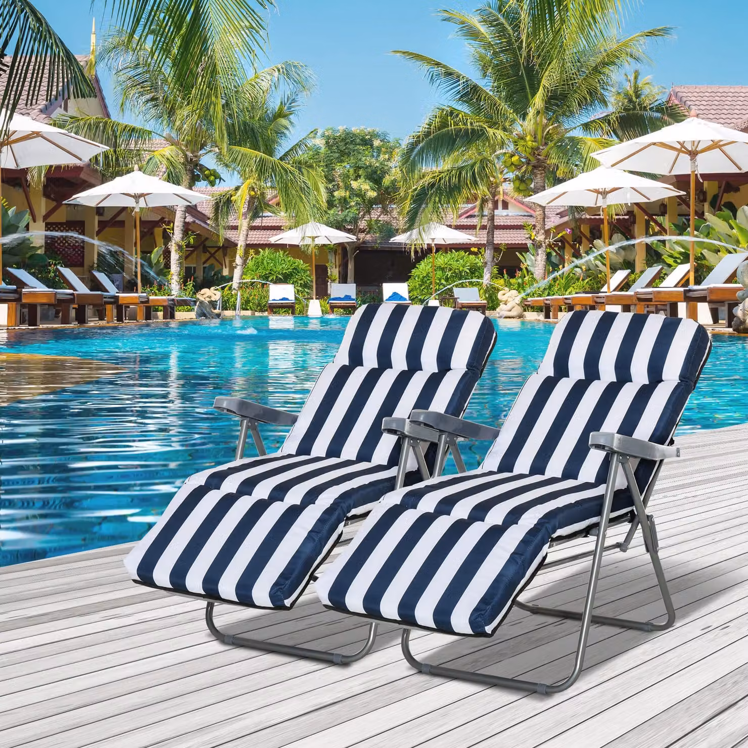 Outsunny Set of 2 Adjustable Reclining Garden Sun Loungers with Cushions in Blue – 4