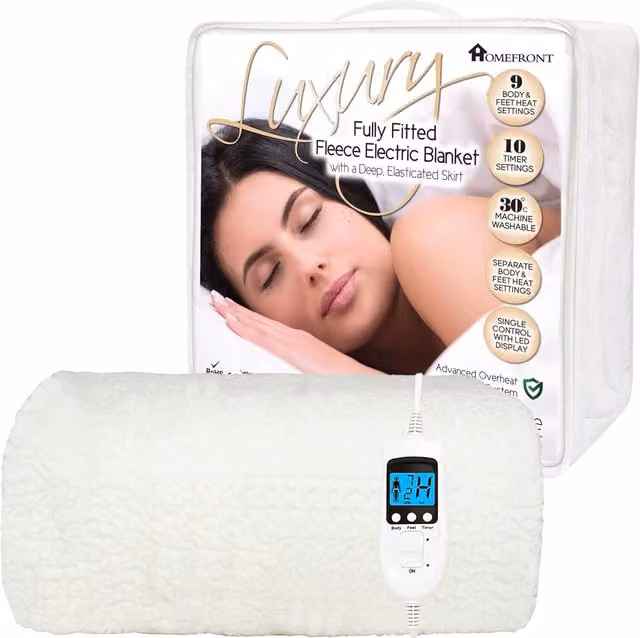 Homefront Premium Fleece Fitted Electric Heated Blanket in White, Single, 90 x 200 cm