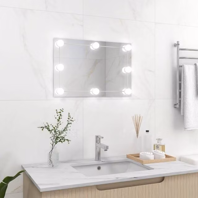 Berkfield Home Modern Rectangular Glass Wall Mirror with LED Lights in Silver – 1