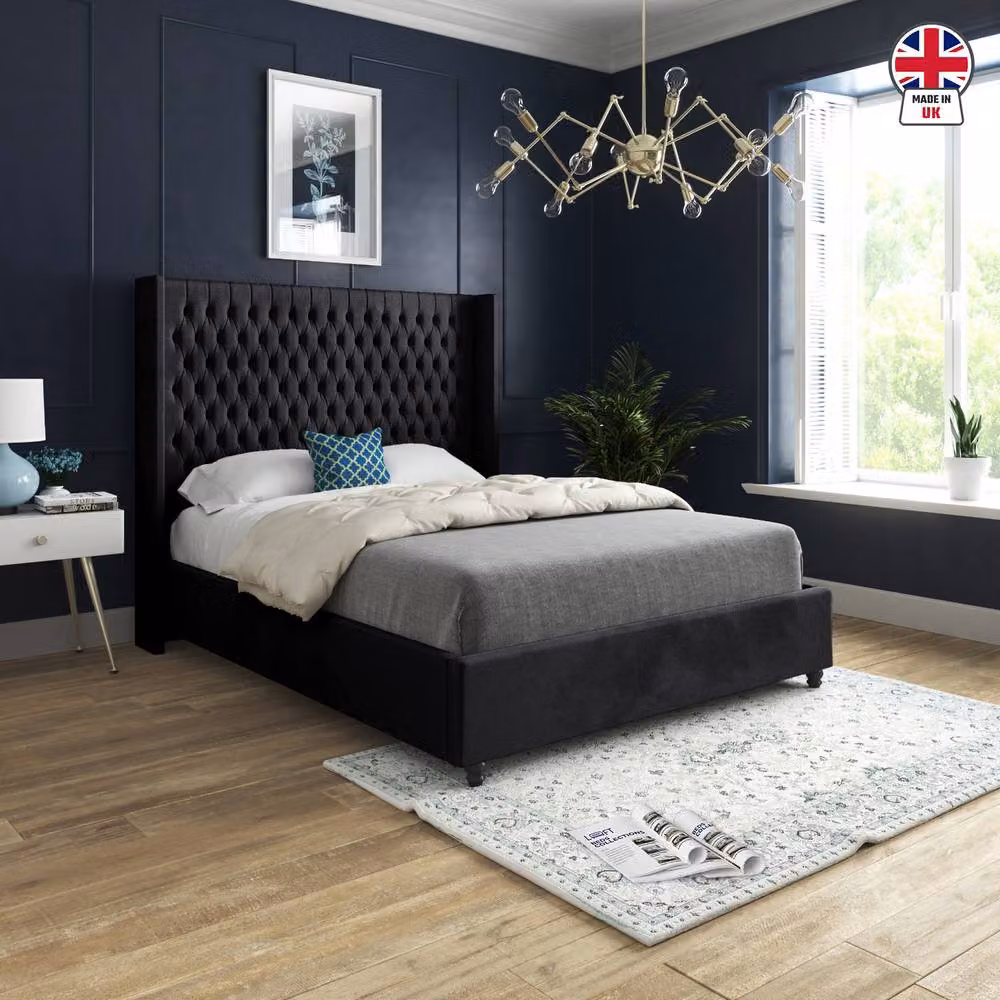 KDMD Welbury Winged Upholstered Designer Bed Frame in Black Soft Velvet, Size: 140 x 200 cm – 3