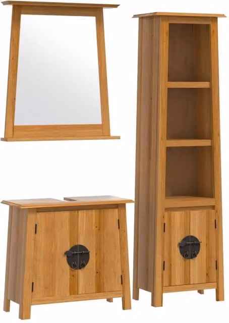Berkfield Home 3 Piece Rustic Brown Solid Pine Bathroom Furniture Set including Vanity Unit, Mirror Cabinet and Tall Cabinet – 1