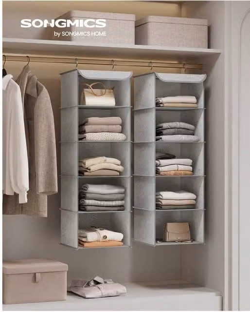 SONGMICS Grey Hanging Wardrobe Shelf Insert Organiser