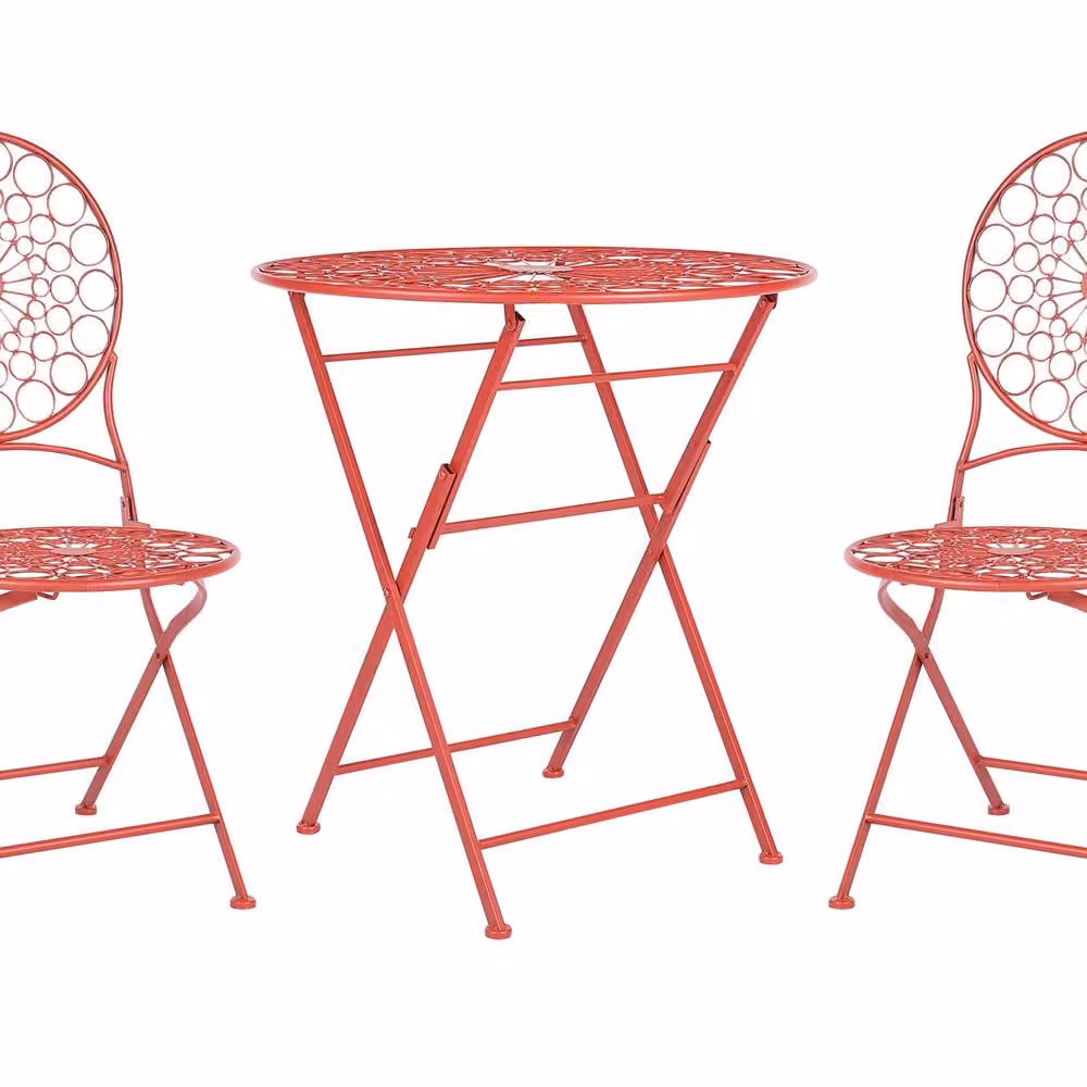 Wyld and Coco Provençal Red Iron Bistro Set with Round Folding Table and 2 Chairs – 2