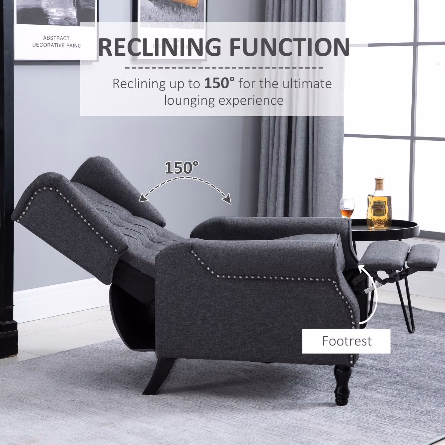 HOMCOM Vintage Recliner Armchair with Integrated Footrest in Grey Fabric – 4