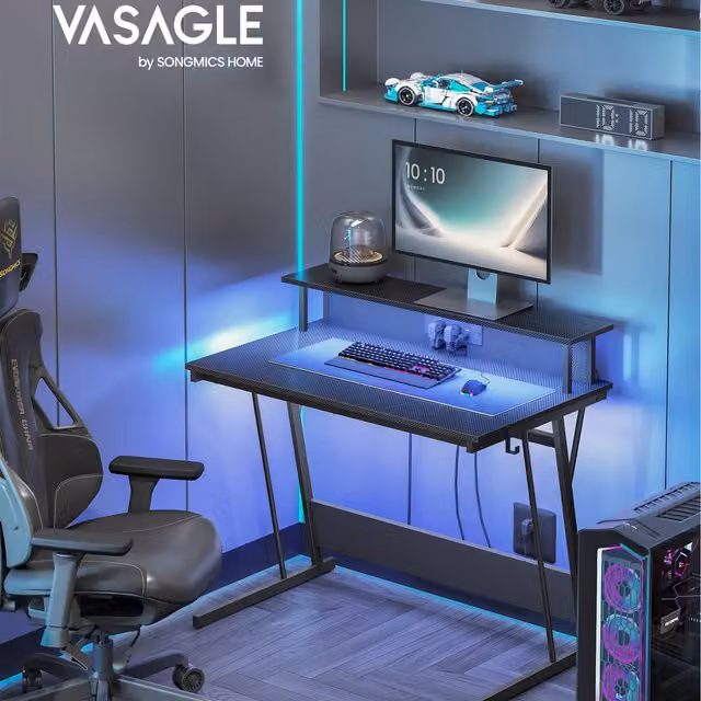 VASAGLE Modern Black Gaming Desk with LED Lights and Power Outlets