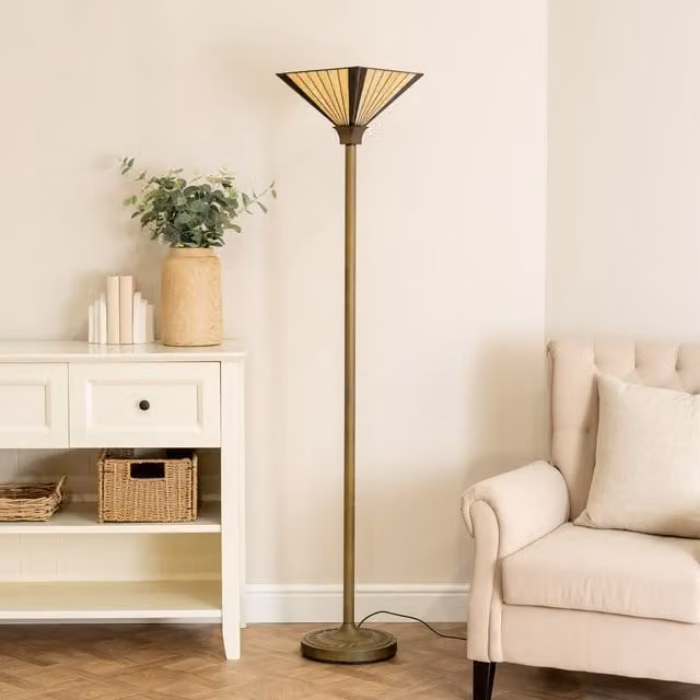 ValueLights Tiffany Vintage Floor Lamp in Antique Brass and Multicolour Glass