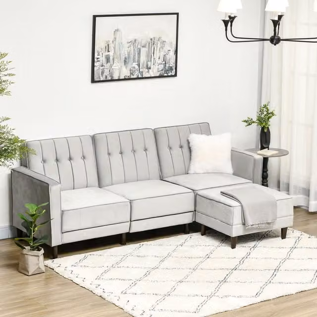 HOMCOM Reversible L-Shape Corner Sofa Bed with Matching Ottoman in Grey Velvet Fabric
