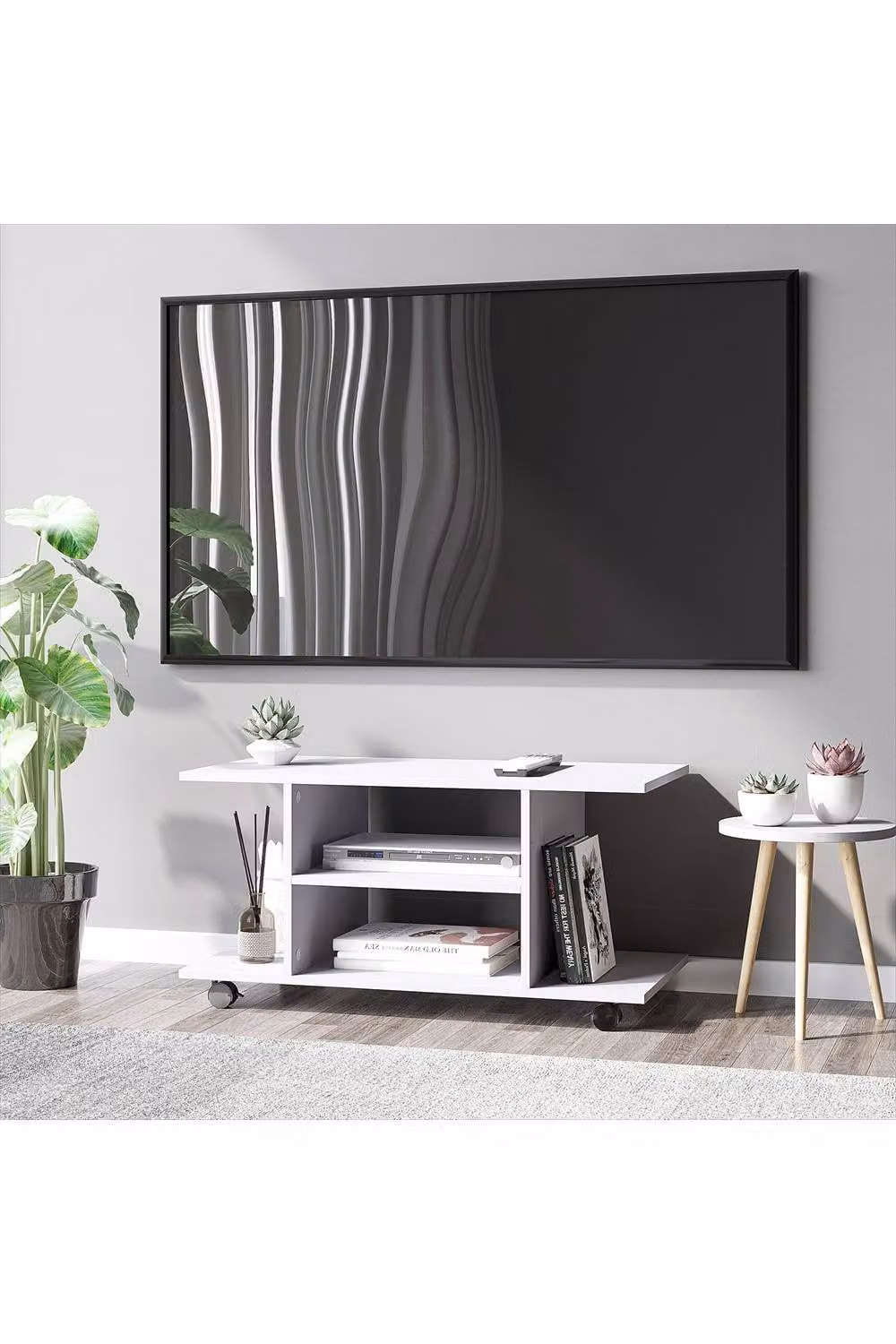 ERGOVEXA White Minimalist TV Cabinet Stand with Storage Shelves and Castors, W/D/H: 80.0 x 40.0 x 40.0 cm – 3