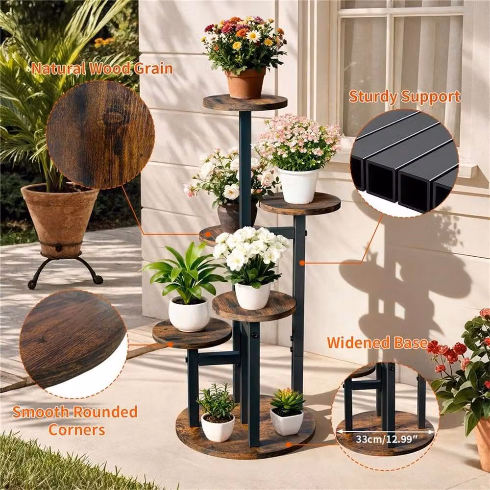 Kelvenix Retro Tiered Plant Stand in Brown with Metal and Wood Shelves, H: 83.0 cm x W: 33.0 cm x D: 5.0 cm – 3