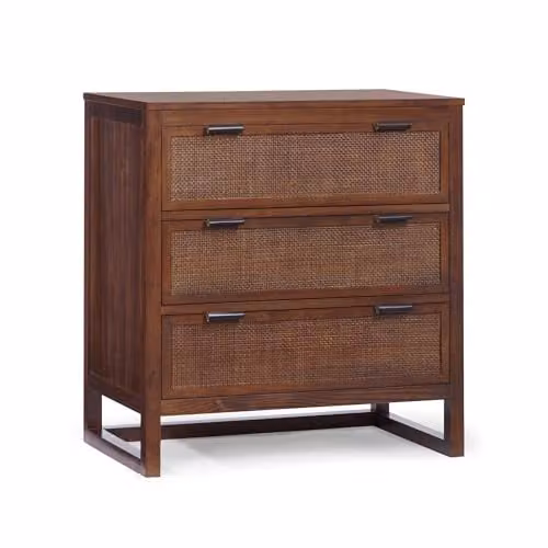 Teamson Home Hatteras Mid-Century Bedroom Dresser in Walnut and Brown Wood with Rattan Details