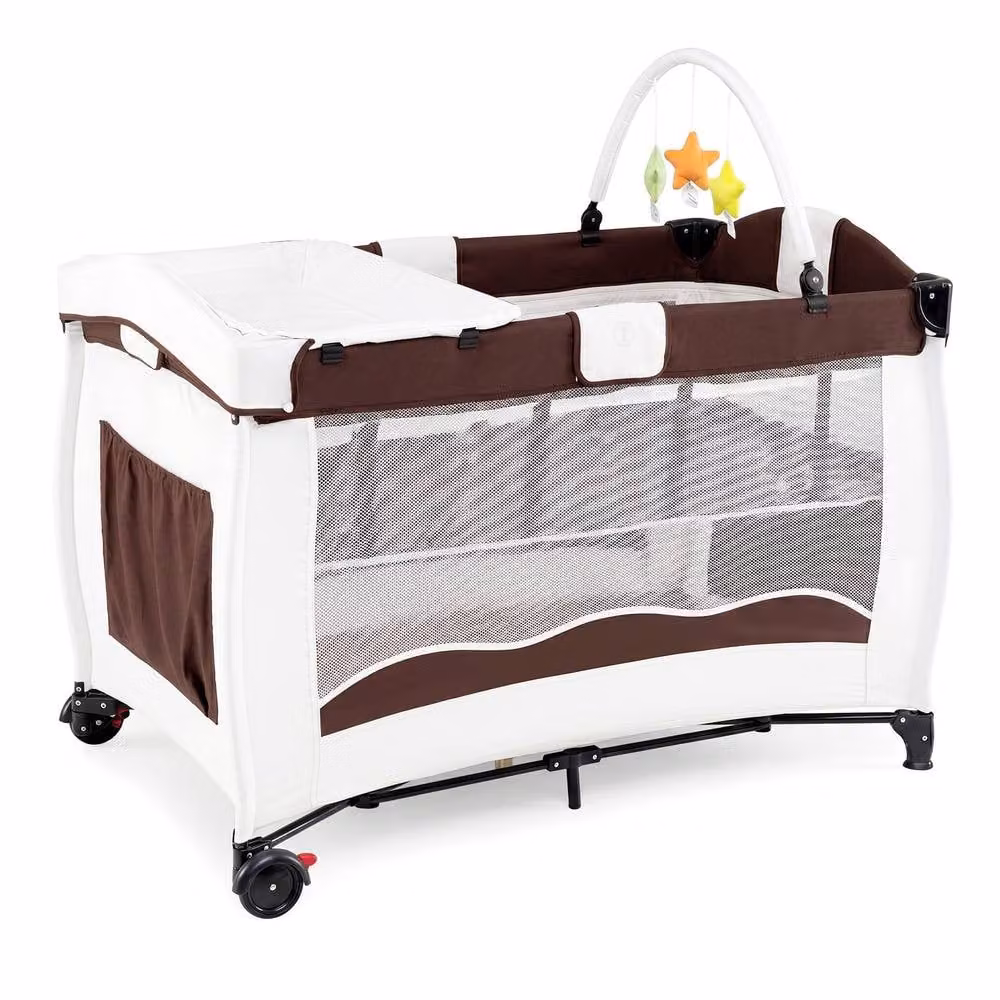 Gymax Folding Playpen in Brown with Diaper Changing Table, 2 Lockable Wheels and 3 Hanging Toys – 5