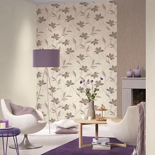 A.S. Création Lotus Flower Botanical Floral Vinyl Wallpaper in Grey with White, Gold and Silver Glitter Details