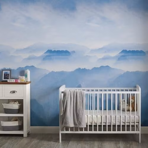 Grandeco Mountain Fog Landscape Textured Wallpaper Mural, Blue and White, W: 280 cm, H: 159 cm