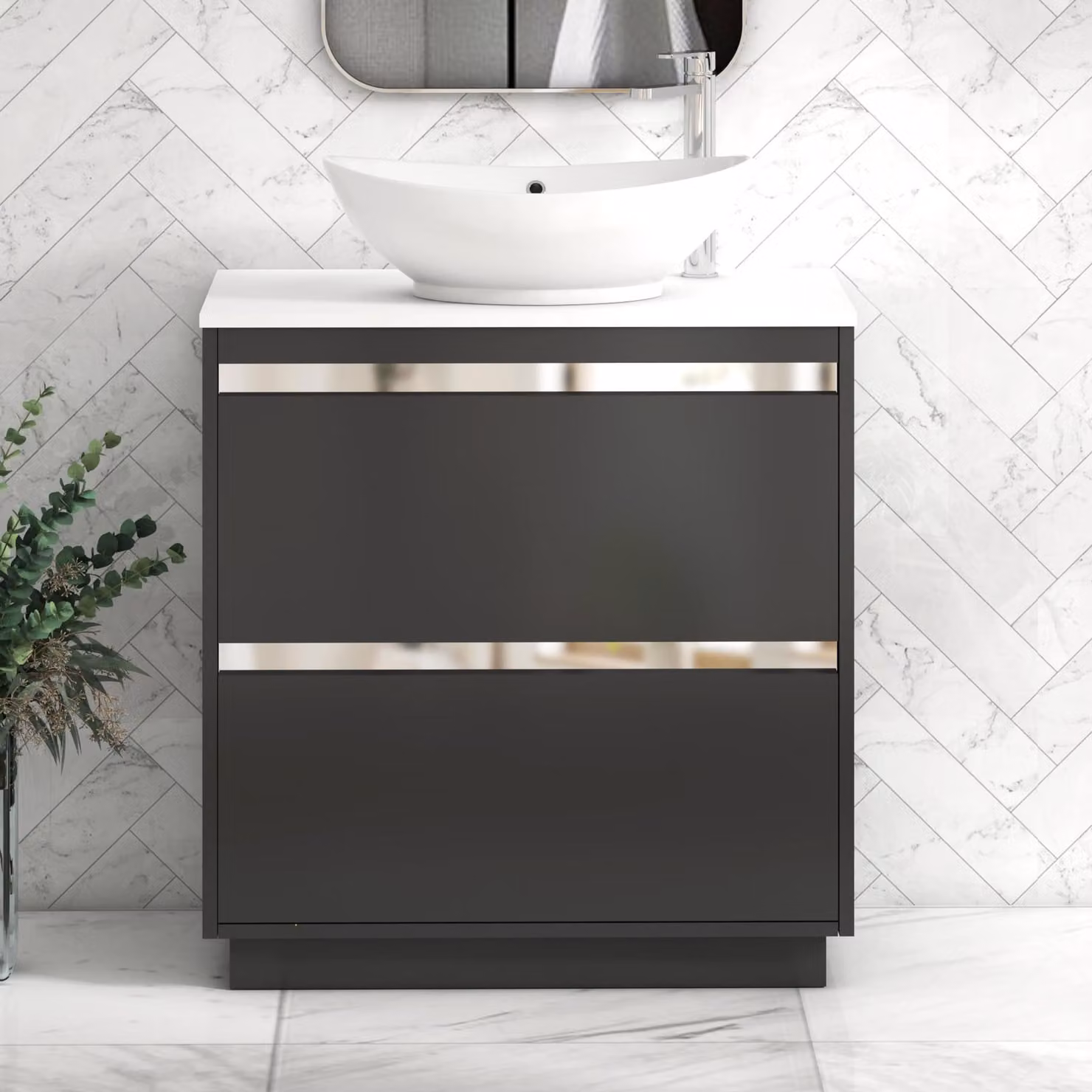 Royal Bathrooms Orion 800mm Matt Obsidian Black Floor Standing 2 Drawer Vanity Unit with Plain White Countertop and Amaze Basin and Chrome Accent Trim