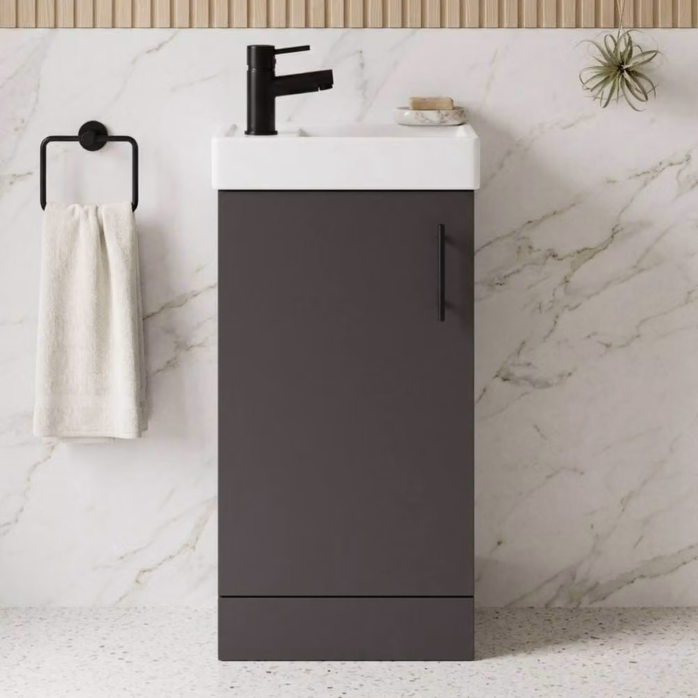 Balterley Gloss Grey Freestanding Floor Standing Vanity Basin with Matt Black Handle, Width: 40 cm, Height: 86.1 cm – 6