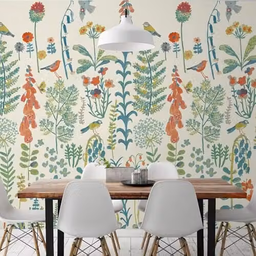 Grandeco Spring Meadow Flower Painted Sprig 3 Lane Repeatable Wallpaper Mural, Multicolour, W: 280 cm, H: 159 cm