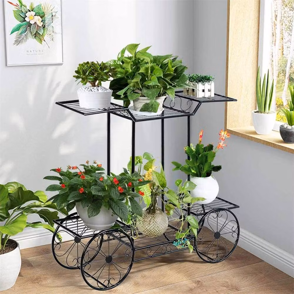 KORVIXA Metal Garden Plant Stand and Flower Holder Cart in Matt Black, W/D/H: 82.0 x 70.5 x 70.5 cm – 3