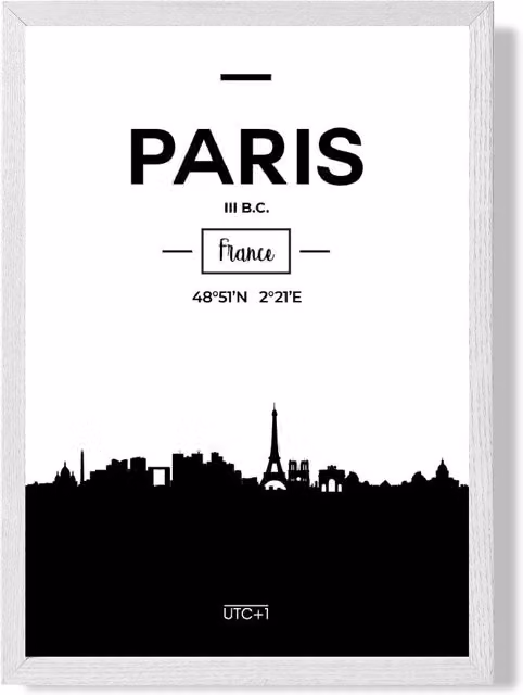 ARTZE Paris Black and White City Skyline Framed Paper Poster with White Frame, A2