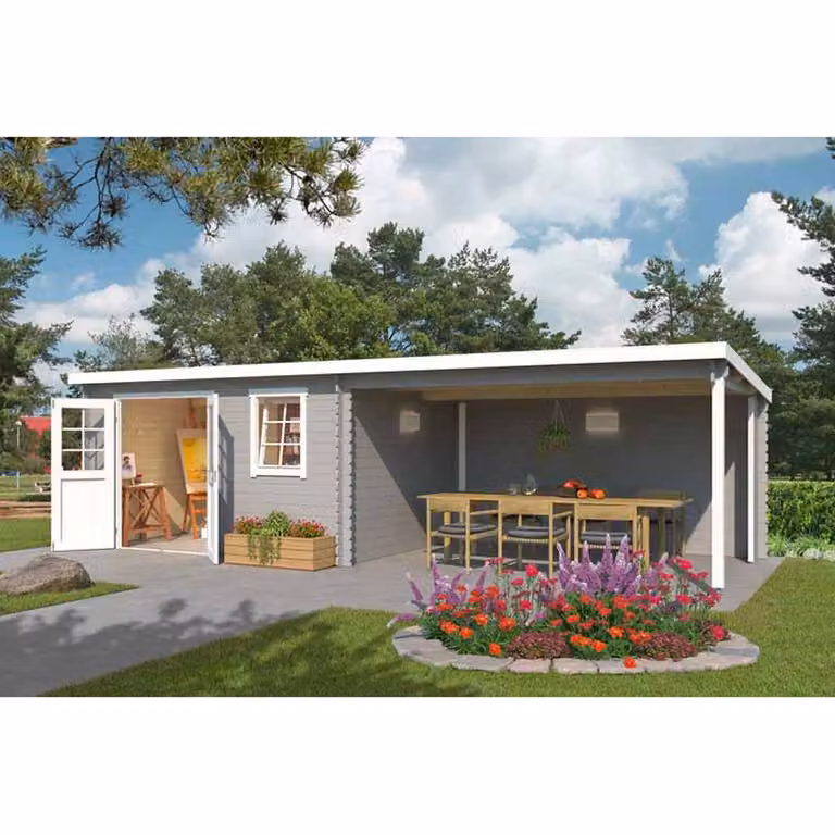 Lasita Maja Ltd Reno Log Cabin Garden Room and Home Office in Natural Wood, W: 313.9 cm, D: 780 cm, H: 210.9 cm