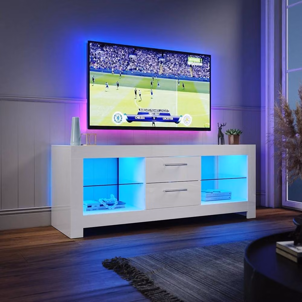 FLAVORA High Gloss White TV Stand Unit with Integrated Lighting, W/D/H: 130 x 40 x 50 cm – 2