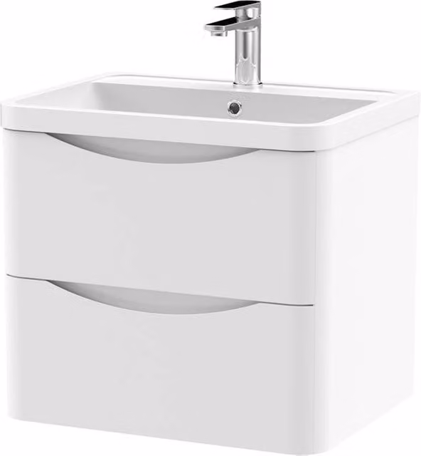 Balterley White Wall Hung 2 Drawer Bathroom Vanity with Polymarble Basin, W: 60 cm, D: 54 cm, H: 60 cm