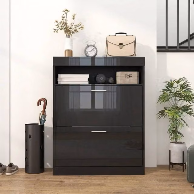 STILVORA Modern Black Shoe Cabinet with 2 Tilting Compartments and Internal Shelves – 1