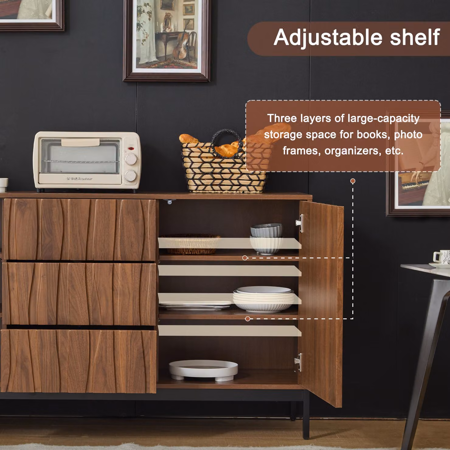 Aosom UK Mid-Century Modern Sideboard with Abstract Design in Brown and Black, W: 150 cm, D: 40 cm, H: 80 cm – 5