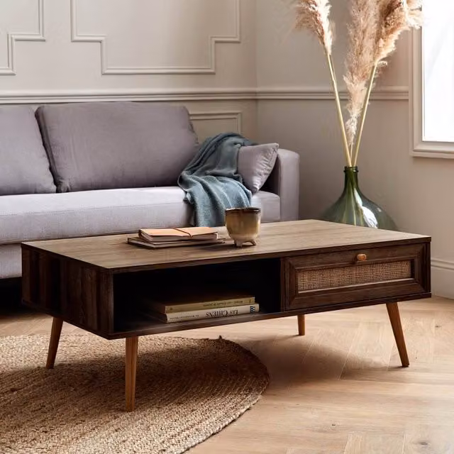sweeek Rectangular Coffee Table with Wood and Cane Effect in Dark Brown