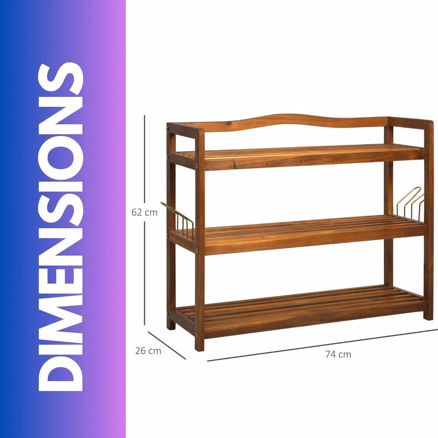 FURNOS 3-Tier Acacia Wood Vertical Shoe Rack with Hanging Hooks in Brown – 3