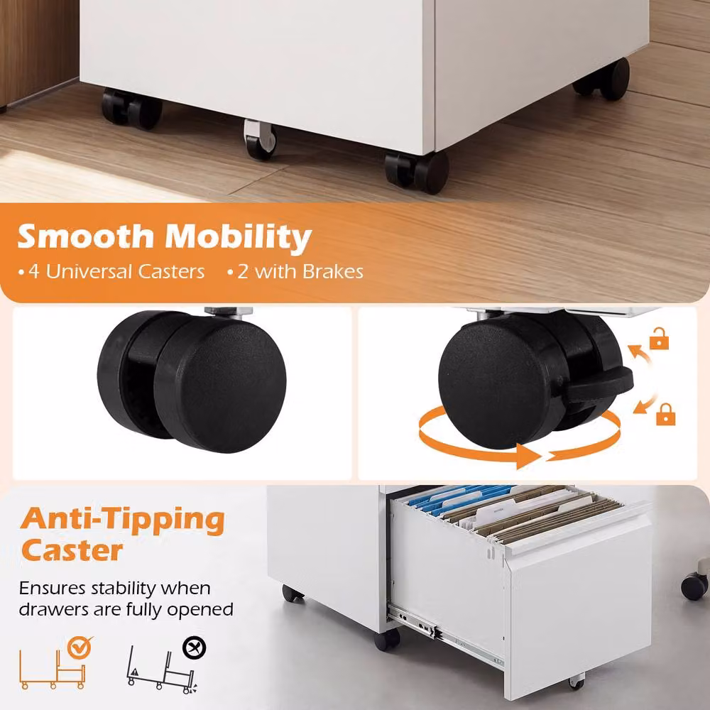 Costway 2-Drawer Mobile Metal Filing Cabinet with Lock and Castors in White – 5