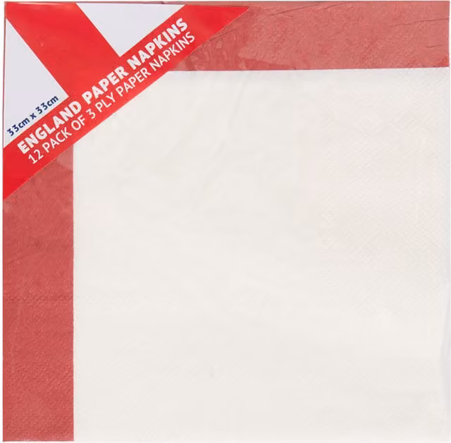 PMS Pack of 12 England Patriotic 3 Ply Paper Napkins, Multicolour and White, 33 x 33 cm