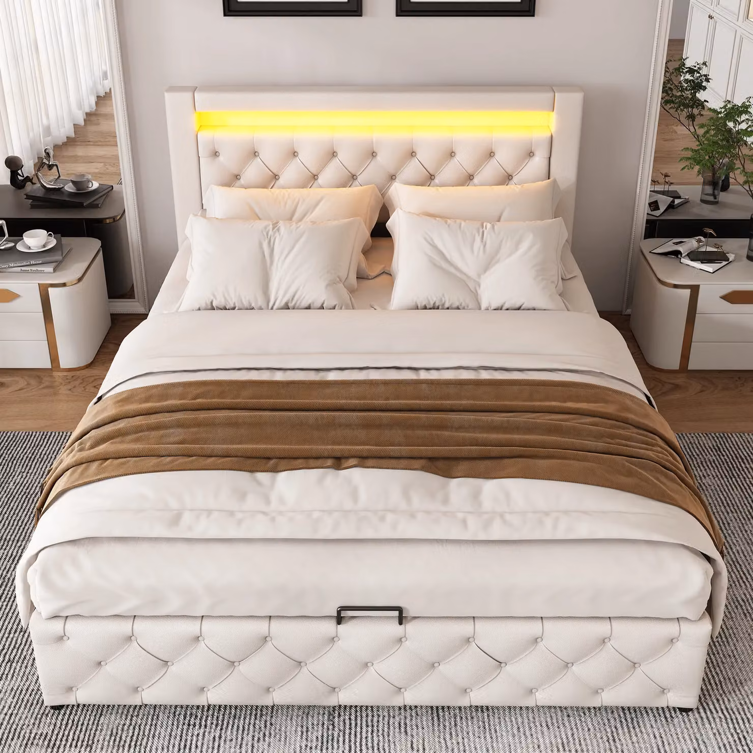 Matteo Modern Upholstered Bed in Beige with Synthetic Leather Lift-Up Storage Base, Slatted Frame, Integrated Reading Light and Under-Bed Lighting – 4