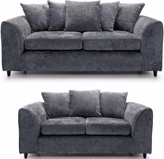 LUXURY LIFE Declan Grey Chenille Fabric 2 Seater Sofa Set with Solid Wood Frame and Scatter Cushions