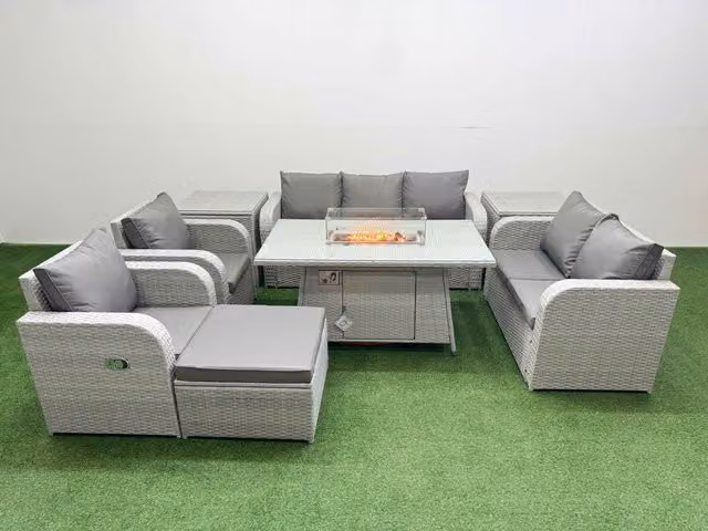 Fimous Grey PE Rattan Garden Furniture Set with Reclining Chairs, Double Love Seat, Firepit Dining Table, Big Footstool and 2 Side Tables