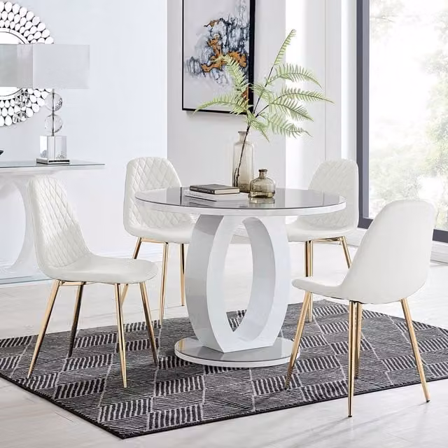 FurnitureboxUK Giovani Round Grey Glass Dining Table and 4 Corona Gold Chairs Set in White, Diameter: 120 cm