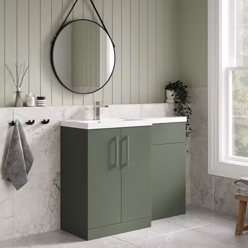 Balterley Modern Green Floor Standing Vanity Unit and WC Unit with L-Shaped Basin and Soft Close Doors – 2
