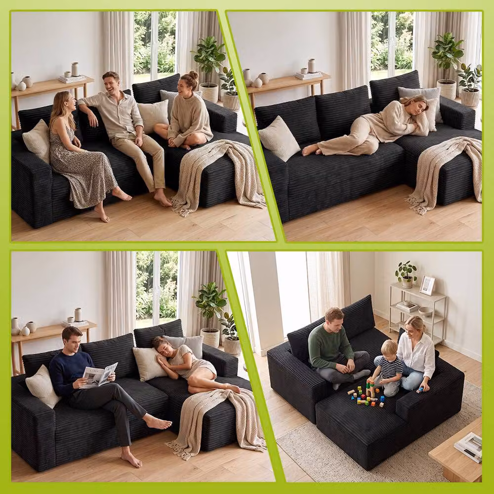 Gartistgo L-Shaped Corduroy Modular Sofa with Reversible Chaise in Black – 6