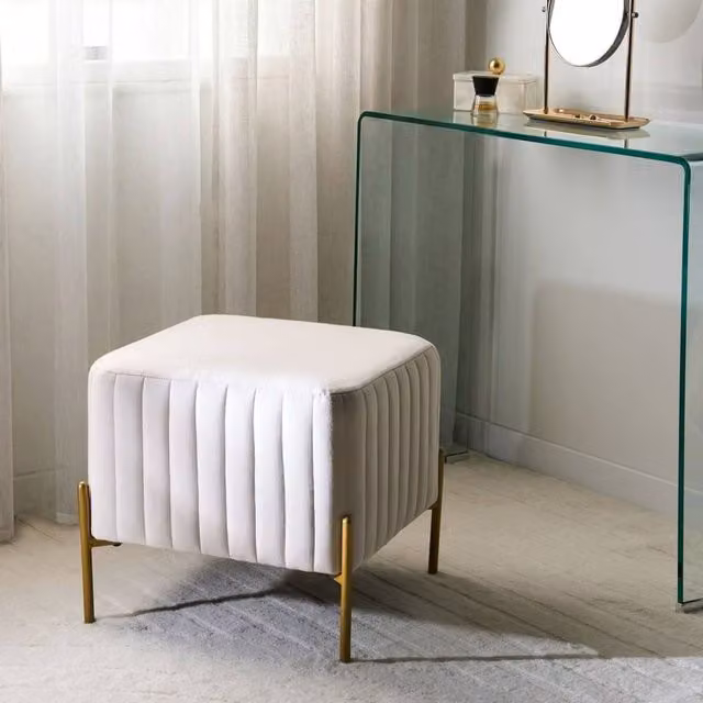 Wyld and Coco Off-White Velvet Cube Footstool with White Metal Legs, W/D/H: 47 x 47 x 47 cm