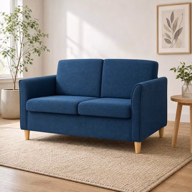 STILVORA 2 Seater Blue Fabric Upholstered Sofa with Wood Legs