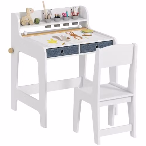 AIYAPLAY Kids Desk and Chair Set in White with Modern MDF Design