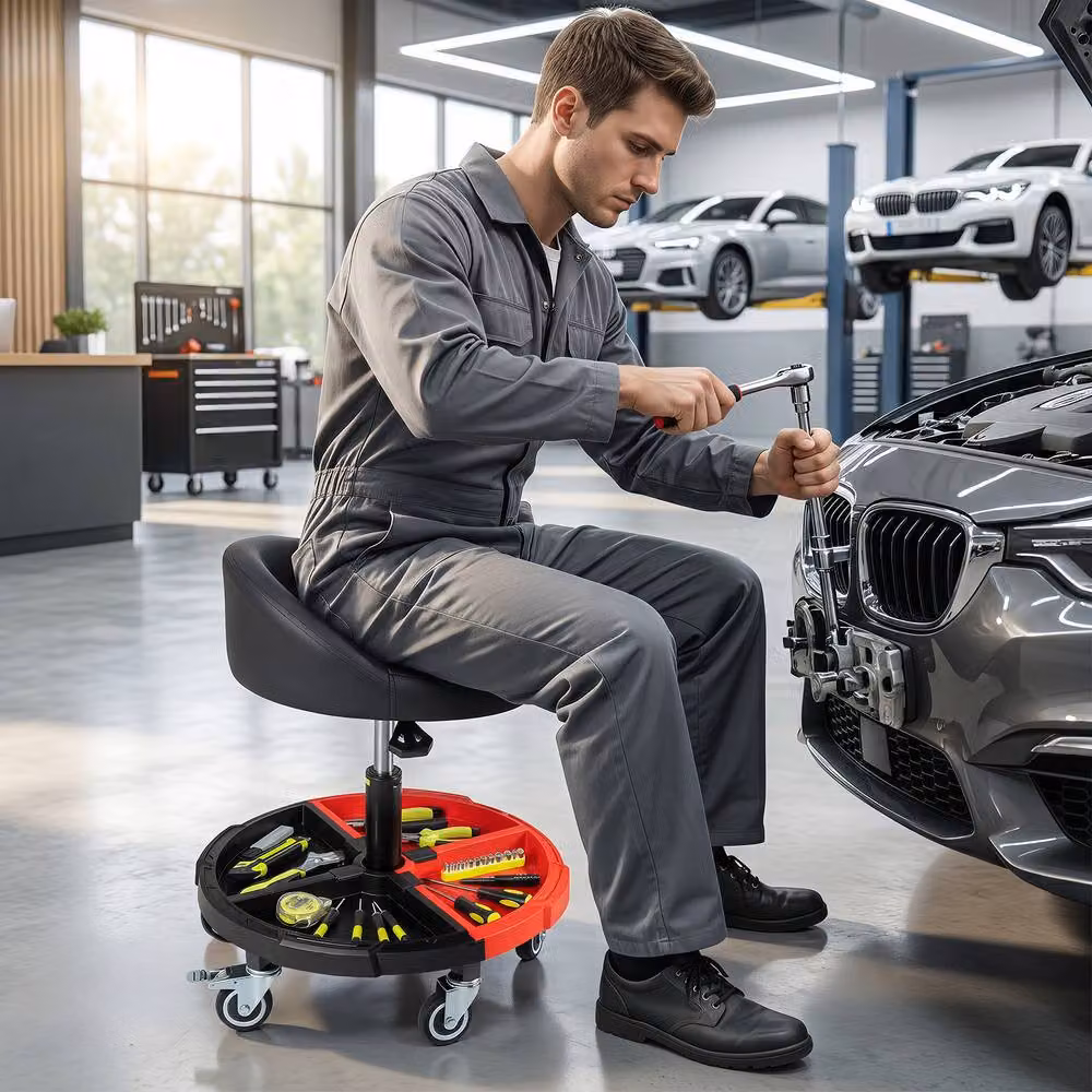 Gymax 360 Degree Rolling Mechanic Stool with Tool Storage Tray in Red – 3