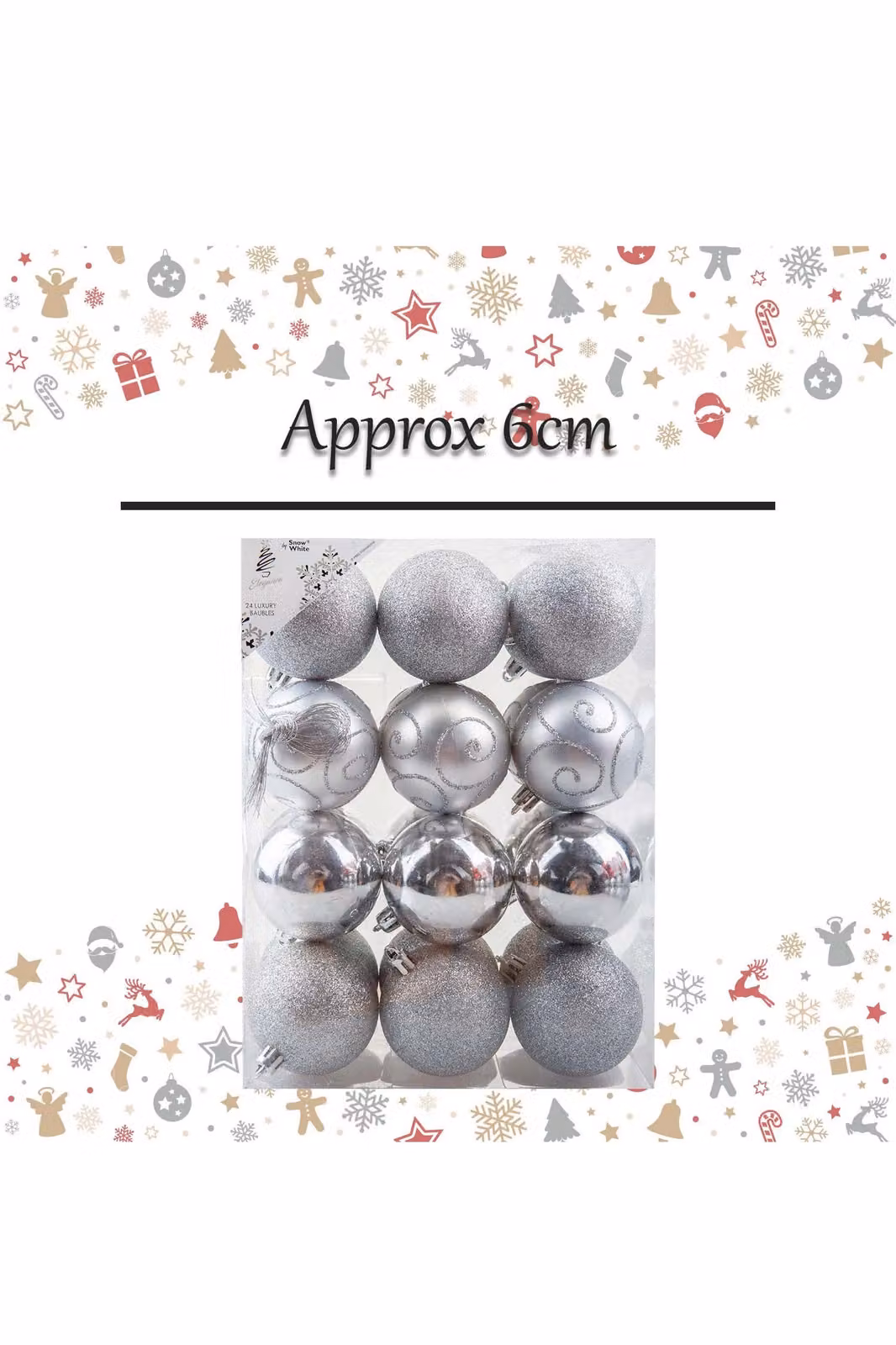 VFM e-Store Silver Christmas Bauble Hanging Tree Ornaments, Pack of 24, Diameter: 6 cm – 2