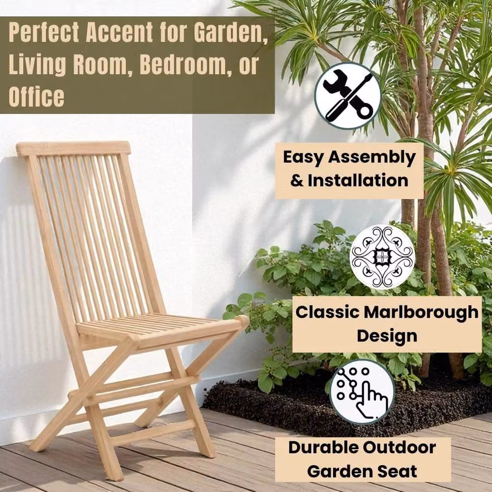 EONLION Brown Teak Wood High Back Folding Garden Chair – 3